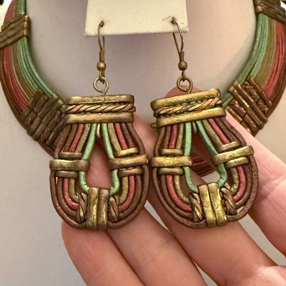 Vintage Alexis Kirk 70s Brass Leather Tribal Jewelry Set - Picture 9 of 12